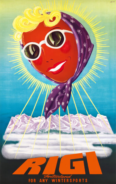 product-image Retro poster of a sun with a smiling face, wearing sunglasses and a scarf, shines over snowy mountains. Text reads Rigi Switzerland, For Any Wintersports. Inspired by RÜEGG Albert’s classic style. Poster print available in A1 to A4 sizes.