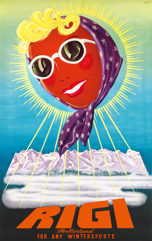 Retro poster of a sun with a smiling face, wearing sunglasses and a scarf, shines over snowy mountains. Text reads Rigi Switzerland, For Any Wintersports. Inspired by RÜEGG Albert’s classic style. Poster print available in A1 to A4 sizes.