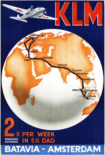 Vintage KLM poster featuring a vibrant flight route map from Batavia to Amsterdam, with stopovers marked below a soaring airplane and bold orange and blue KLM branding. Text promotes their twice-weekly service. Poster print available in A1 to A4 sizes.