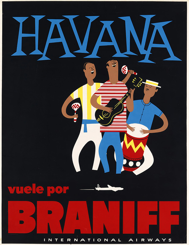 product-image Illustration of three musicians playing maracas, guitar, and drum with text reading “Havana, vuele por Braniff International Airways,” an airplane silhouette, and a vibrant 1950s travel vibe. Poster print available in A1 to A4 sizes.