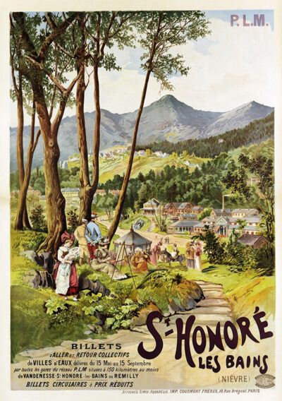 Vintage travel poster from 1895 by Henri Ganier, showing a scenic view of St. Honouré les Bains with mountains, trees, and people in the foreground; village and hills in the background. Text advertises train tickets. Poster print available in A1 to A4 sizes.