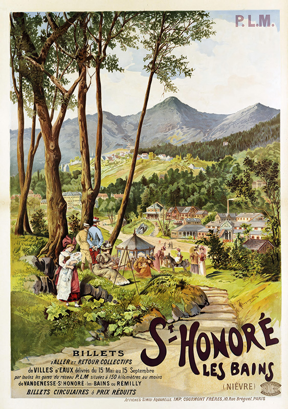 Vintage travel poster from 1895 by Henri Ganier, showing a scenic view of St. Honouré les Bains with mountains, trees, and people in the foreground; village and hills in the background. Text advertises train tickets. Poster print available in A1 to A4 sizes.