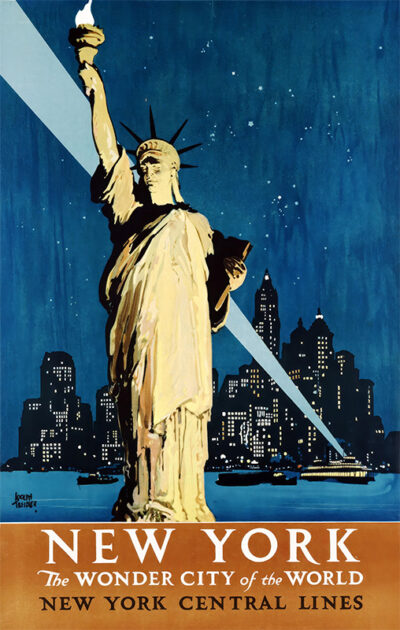 A vintage 1927 poster shows the Statue of Liberty with a city skyline and night sky, promoting New York Central Lines and celebrating New York as The Wonder City of the World. Poster print available in A1 to A4 sizes.