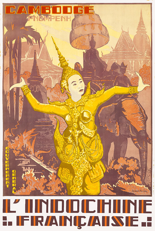 product-image Vintage French colonial poster featuring a traditional Cambodian dancer in ornate costume, with temple structures and elephants in the background. The text highlights Cambodge, Pnom Penh, and L’Indochine Française. Poster print available in A1 to A4 sizes.