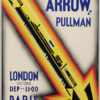 Art Deco travel poster for the Golden Arrow Pullman train from London Victoria to Paris Nord, designed by Charles Shephard, with a bold yellow and red arrow and a striking silhouette of the train. Poster print available in A1 to A4 sizes.