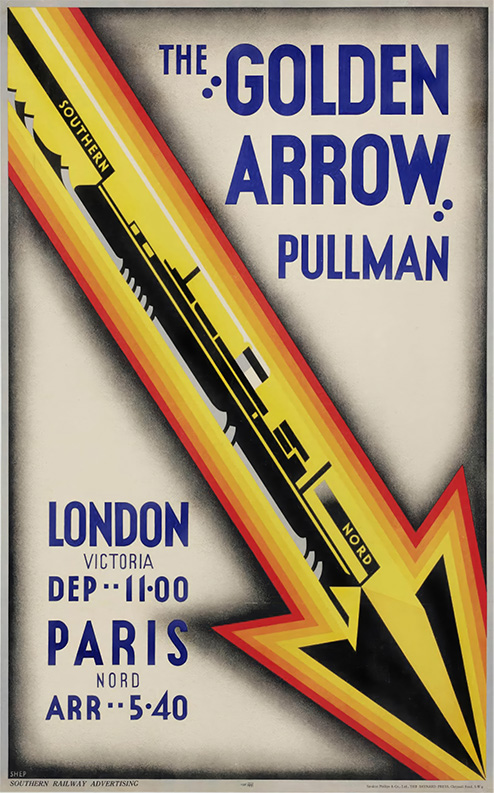 Art Deco travel poster for the Golden Arrow Pullman train from London Victoria to Paris Nord, designed by Charles Shephard, with a bold yellow and red arrow and a striking silhouette of the train. Poster print available in A1 to A4 sizes.