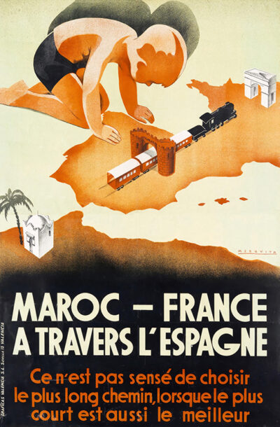 product-image Vintage poster showing a child playing with a train set connecting Maroc, Espagne, and France, promoting travel between the countries. French text highlights the advantages of the shortest path. Poster print available in A1 to A4 sizes.
