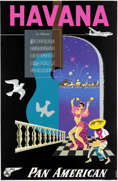 Vintage Pan American travel poster for Havana by MENDOZA, featuring a dancer, musician, doves, music notes, an airplane, and a cityscape with fireworks in the background. Poster print available in A1 to A4 sizes.