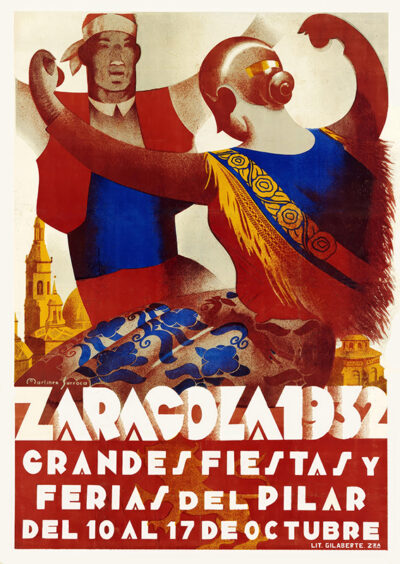 Vintage poster for Zaragoza’s Fiestas del Pilar 1932, showing a man and woman dancing in traditional attire with city buildings in the background and event dates listed below. Poster print available in A1 to A4 sizes.