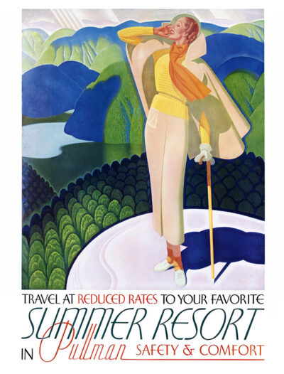 Art Deco poster of a woman in stylish clothing standing on a hilltop, overlooking green hills and blue lakes, inviting summer resort escapes with Pullman travel at reduced rates. Poster print available in A1 to A4 sizes.
