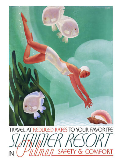 A woman in a swimsuit and swim cap dives underwater near fish, seaweed, and a large shell. Text advertises Summer Resort travel at reduced rates in Pullman, ensuring your trip is both safe and comfortable. Poster print available in A1 to A4 sizes.