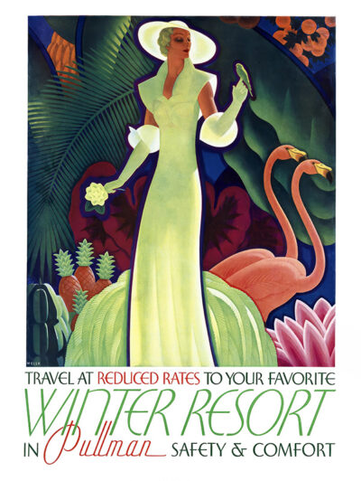 Art Deco style poster features a woman in a long white dress and hat, with two flamingos and tropical plants, advertising Travel at Reduced Rates to a Winter Resort by Pullman. Poster print available in A1 to A4 sizes.