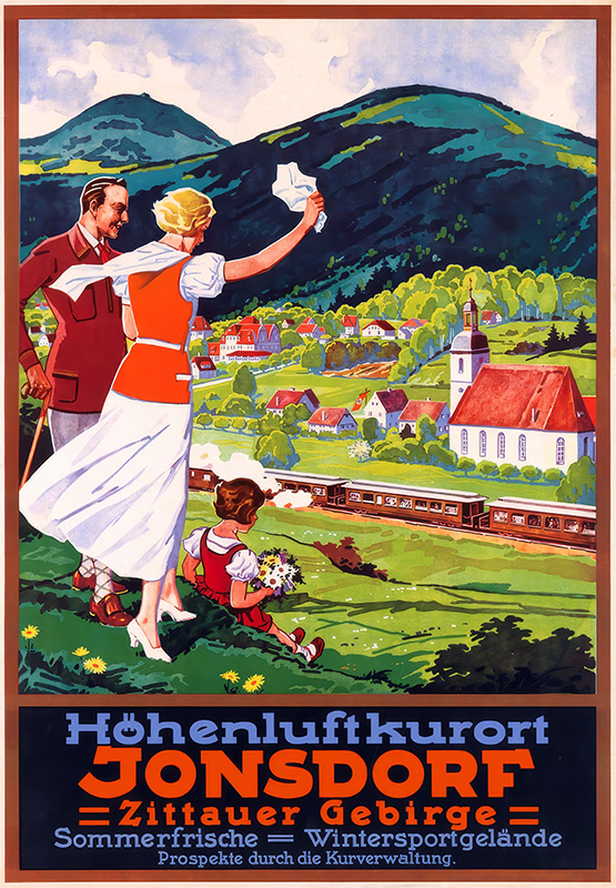 A family waves at a passing train in a green valley with a village, church, and mountains in the background; German travel poster for Höhenluftkurort Jonsdorf, Zittauer Gebirge. Poster print available in A1 to A4 sizes.