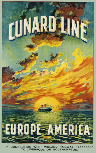 A vintage Cunard Line poster shows the majestic Aquitania steamship at sea during sunset, with Cunard Line Europe-America and travel details featuring Liverpool Southampton at the bottom. Poster print available in A1 to A4 sizes.