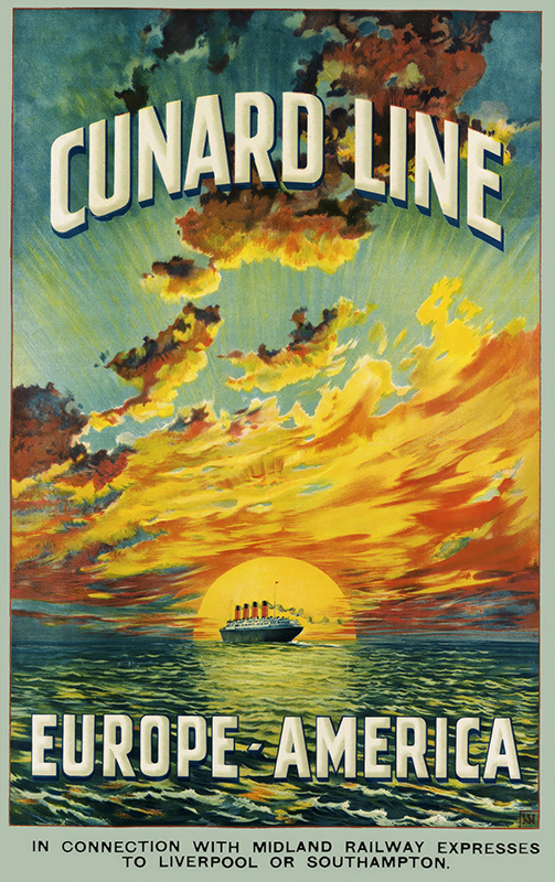 product-image A vintage Cunard Line poster shows the majestic Aquitania steamship at sea during sunset, with Cunard Line Europe-America and travel details featuring Liverpool Southampton at the bottom. Poster print available in A1 to A4 sizes.