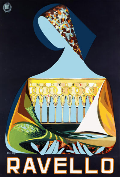 Stylized illustration of a faceless figure holding a sailboat and a balcony, with Ravello boldly at the bottom—evoking the charm of Ravello in 1950 and inspired by the artistry of Domenico Mino. Poster print available in A1 to A4 sizes.