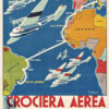 Vintage travel poster featuring Umberto di Lazzaro’s squadron of seaplanes on the Crociera Aerea Transatlantica, flying from Italy to Brazil, with a map highlighting their Atlantic route and key stops. Poster print available in A1 to A4 sizes.