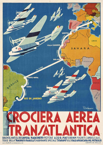 Vintage travel poster featuring Umberto di Lazzaro’s squadron of seaplanes on the Crociera Aerea Transatlantica, flying from Italy to Brazil, with a map highlighting their Atlantic route and key stops. Poster print available in A1 to A4 sizes.