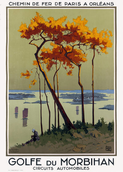 Poster featuring a person sitting under tall, orange-leaved trees overlooking a bay with sailboats, promoting Golfe de Morbihan and Paris to Orléans railway circuits. Created by ALO in 1927. Poster print available in A1 to A4 sizes.