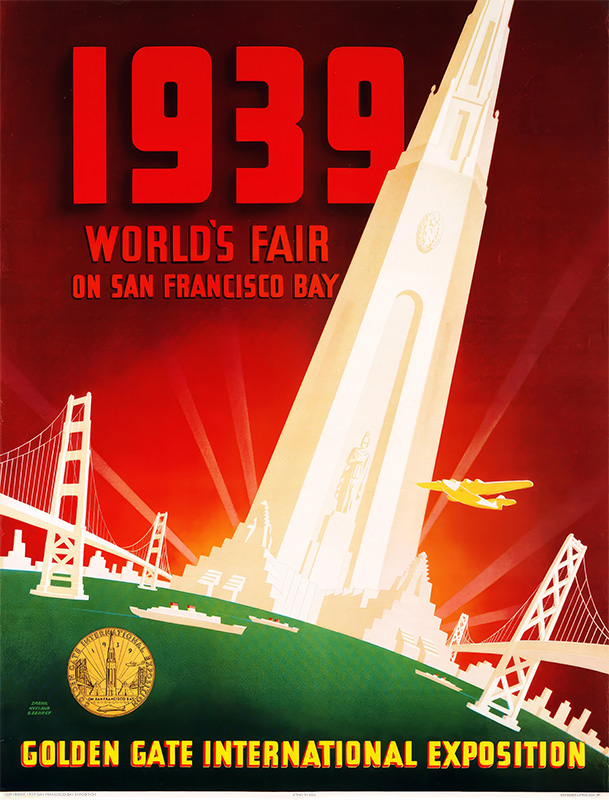 Poster for the 1939 Worlds Fair on San Francisco Bay, featuring a tall tower, a yellow plane, the Golden Gate Bridge, and bold red and yellow text for the Golden Gate International Exposition. Poster print available in A1 to A4 sizes.