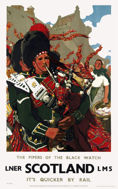 A Scottish bagpiper from The Pipers of The Black Watch in traditional uniform plays while women in tartan dance behind him. Text promotes travel to Scotland by LNER and LMS rail. Poster print available in A1 to A4 sizes.
