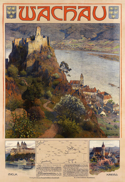Vintage travel poster by JAHN Gustav from 1910, showing a scenic view of the Wachau Valley with a castle ruin, a village by the river, and surrounding hills; smaller images and a map appear at the bottom. Poster print available in A1 to A4 sizes.