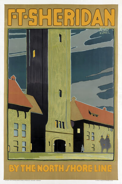 Poster illustration of a tall, central tower and adjacent buildings at Ft. Sheridan, with bold yellow text reading FT. SHERIDAN BY THE NORTH SHORE LINE, highlighting this Chicago landmarks historic connection to the North Shore Line. Poster print available in A1 to A4 sizes.