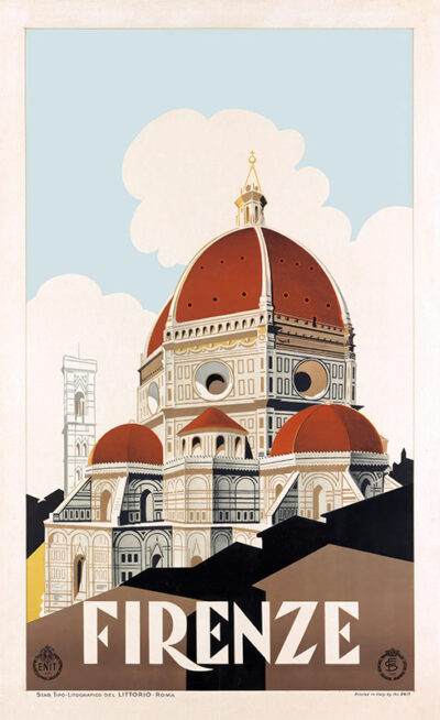 Illustration of Florence’s Cathedral of Santa Maria del Fiore with its red dome and white marble façade, set against a light sky, with the text “Firenze 1930” at the bottom. Poster print available in A1 to A4 sizes.