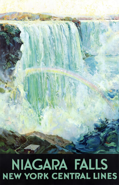 A vintage poster by MADAN Frederic shows Niagara Falls with water cascading over cliffs, a rainbow in the mist, and text reading “Niagara Falls New York Central Lines” at the bottom. Poster print available in A1 to A4 sizes.