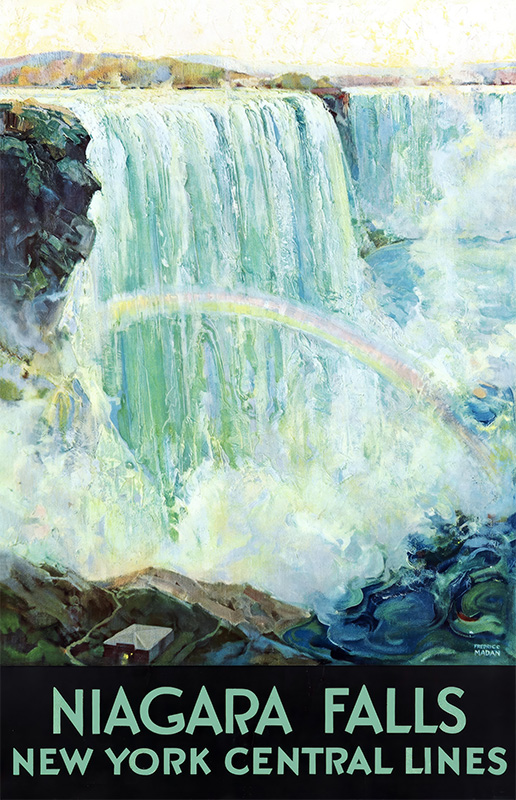 product-image A vintage poster by MADAN Frederic shows Niagara Falls with water cascading over cliffs, a rainbow in the mist, and text reading “Niagara Falls New York Central Lines” at the bottom. Poster print available in A1 to A4 sizes.