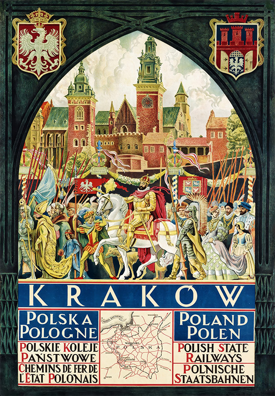 Colourful vintage travel poster by KAMINSKI Zygmunt depicting Kraków’s Wawel Castle in a historic scene with knights and a king, promoting Polish State Railways. Features text in Polish, French, German, and English. Poster print available in A1 to A4 sizes.