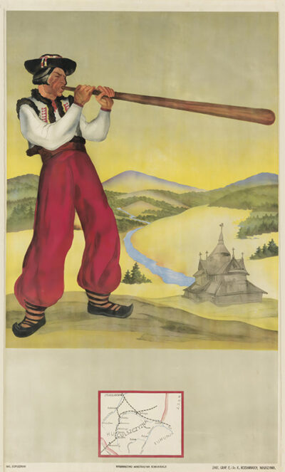 A vintage travel poster of Huculszczyzna: A man in traditional attire plays a long wooden horn on a hilltop, overlooking a serene river, lush forest, and wooden church below. A small map appears at the bottom of the poster. Poster print available in A1 to A4 sizes.