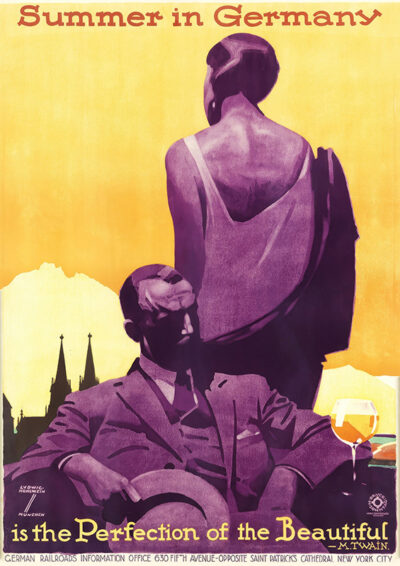 Poster with two stylized figures, one seated man in a suit and hat and one standing woman in a dress, with a glass of wine. Designed by HOHLWEIN Ludwig in 1927, it features the text Summer in Germany at the top. Poster print available in A1 to A4 sizes.