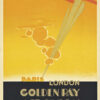 Vintage travel poster featuring a red airplane soaring through a yellow sky, leaving cloudy trails, promoting Air Union’s Golden Ray flights between Paris and London. Poster print available in A1 to A4 sizes.