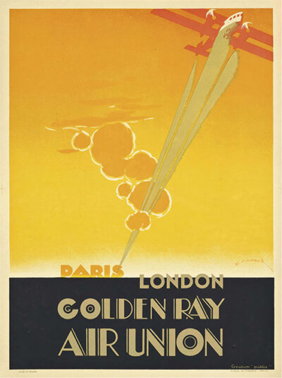 Vintage travel poster featuring a red airplane soaring through a yellow sky, leaving cloudy trails, promoting Air Union’s Golden Ray flights between Paris and London. Poster print available in A1 to A4 sizes.