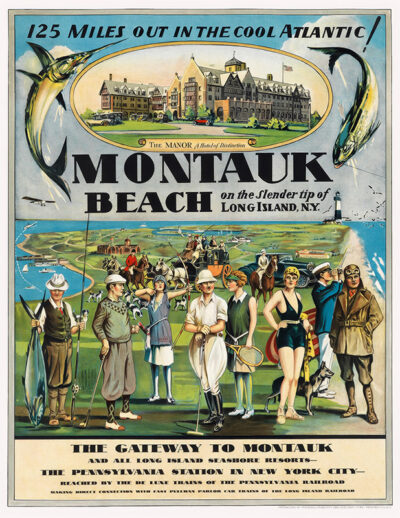 Vintage poster advertising Montauk Beach, Long Island, NY, by Windmill Publicity Service, 1929. Features well-dressed people, fish, and a hotel, promoting travel via Pennsylvania Railroad. Poster print available in A1 to A4 sizes.