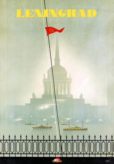 Poster with the word Leningrad, inspired by ZHUKOV Nikolai’s 1935 style—features a silhouette of a domed building with a red Soviet flag, boats on water, and a black iron fence in the foreground. Poster print available in A1 to A4 sizes.
