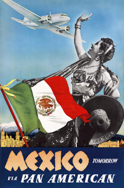 Vintage Pan American Airlines poster featuring a woman in traditional Mexican attire holding the Mexico flag, with an airplane flying overhead and the text Mexico Tomorrow via Pan American. Poster print available in A1 to A4 sizes.
