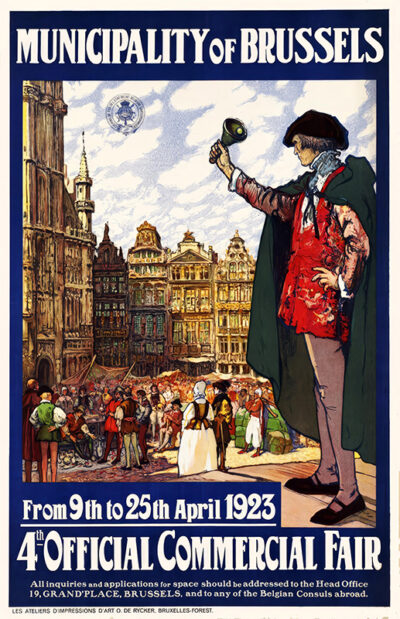 Vintage poster for the 1923 Commercial Fair in Brussels, held from 9th to 25th April, featuring a man in period clothing overlooking a city square. Poster print available in A1 to A4 sizes.