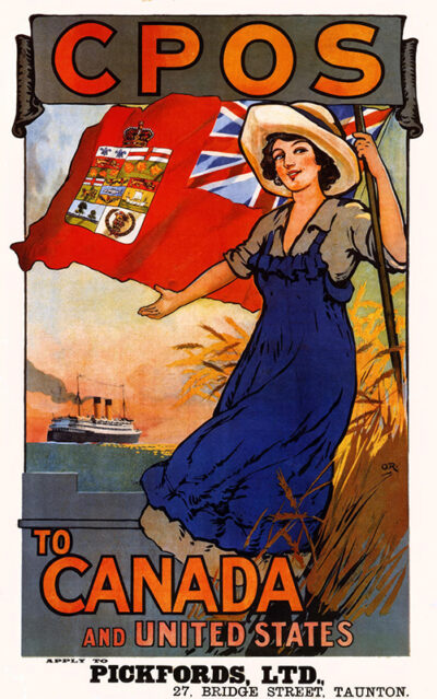 Vintage poster of a woman in a blue dress holding the Canadian Red Ensign flag, with a ship in the background, promotes travel to Canada and the United States by CPOS. Poster print available in A1 to A4 sizes.