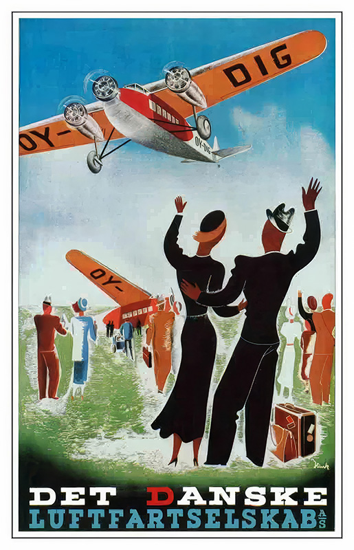 product-image A vintage 1920s travel poster shows a crowd waving at a flying orange passenger airplane. A couple with luggage stands in the foreground. The text highlights Det Danske Luftfartselskab, the pioneering Danish airline. Poster print available in A1 to A4 sizes.