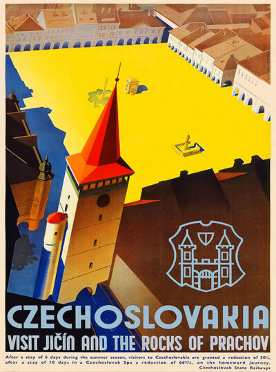 Vintage travel poster displays a birds-eye view of Jičín’s town square in Czechoslovakia, highlighting its red-roofed clock tower and inviting visitors to explore Jičín and the scenic Rocks of Prachov. Poster print available in A1 to A4 sizes.