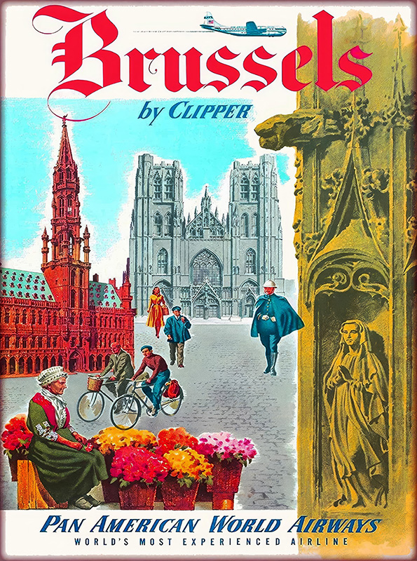 product-image Vintage Pan Am travel poster for Brussels featuring local architecture, people cycling and walking, with a Clipper plane flying overhead. Text reads Brussels by Clipper and Pan American World Airways. Poster print available in A1 to A4 sizes.