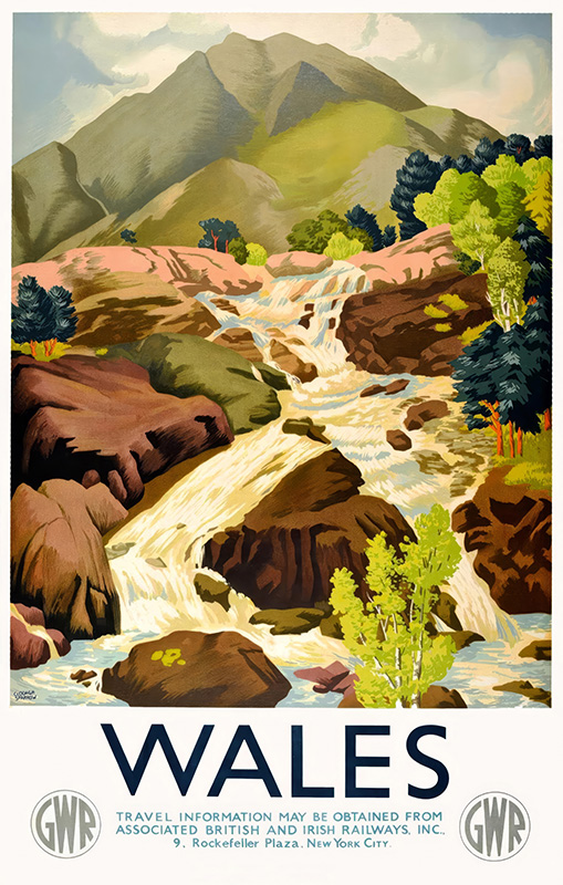 product-image A vintage Wales Travel Poster by Clodagh Sparrow depicts a scenic mountain landscape with a cascading river, lush greenery, and classic Great Western Railways logos. Poster print available in A1 to A4 sizes.