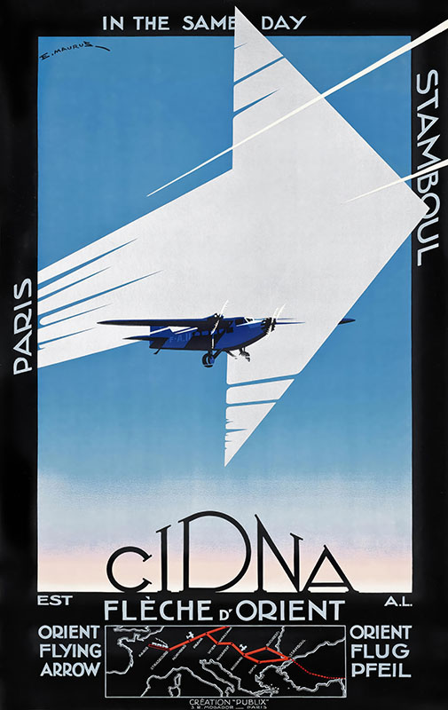 product-image Vintage Travel Poster featuring a blue airplane and the bold Orient Flying Arrow, advertising the CIDNA Paris–Istanbul air route, with a route map at the bottom. Poster print available in A1 to A4 sizes.