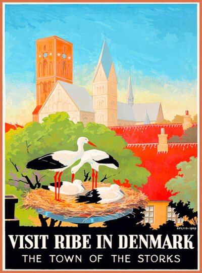 Colourful poster showing storks in a nest with Ribe Cathedral and red rooftops in the background. Text reads “Visit Ribe in Denmark – The Town of the Storks.” Discover the charm of Denmark’s oldest town!. Poster print available in A1 to A4 sizes.