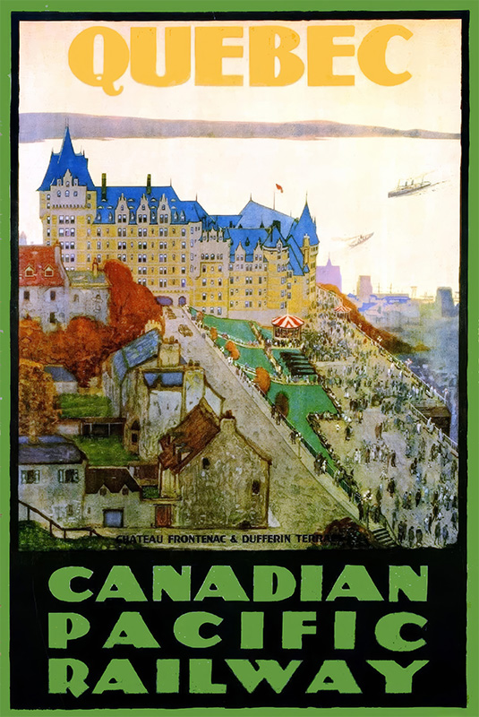 Vintage 1922 poster of Quebec featuring Château Frontenac and Dufferin Terrace, promoting travel by the Canadian Pacific Railway. Poster print available in A1 to A4 sizes.