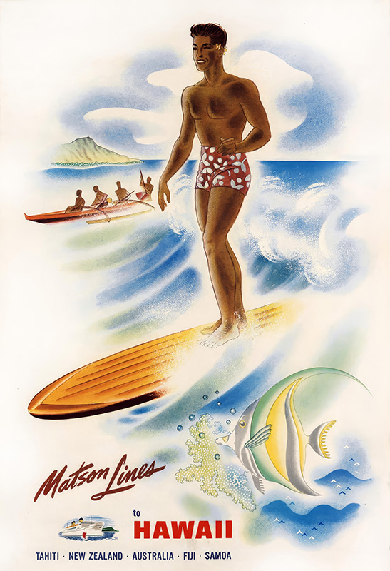 product-image Vintage travel poster by Frank McIntosh shows a man surfing a wave alongside an outrigger canoe and tropical fish, with Hawaiis islands in the background. Text reads Matson Lines to Hawaii with other destinations listed. Poster print available in A1 to A4 sizes.