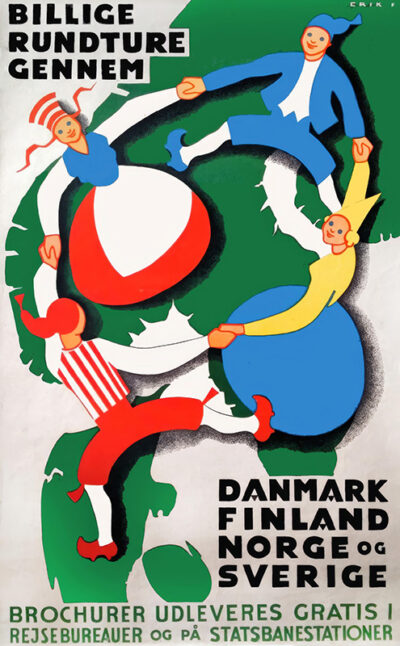 Vintage travel poster showing four stylized people in colourful outfits holding hands over a map of Scandinavia, advertising cheap tours through Denmark, Finland, Norway, and Sweden. Poster print available in A1 to A4 sizes.