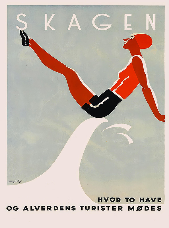 product-image A stylized poster shows a person in red swimwear and cap sitting on a white wave with the text SKAGEN, where turister fra hele verden mødes for at opleve det unikke sted, hvor to have mødes. Poster print available in A1 to A4 sizes.